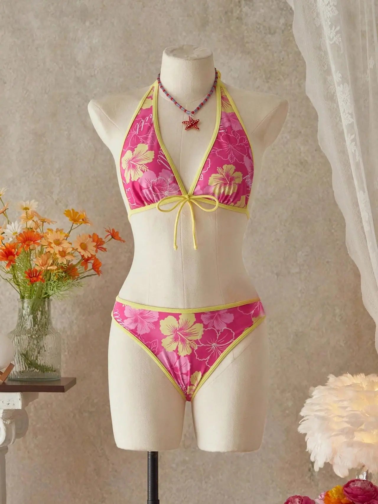 Vintage Pink Floral Print Contrast Bikini Set 2026 Women Drawstring Side Skirt 3 Piece Swimsuit Holiday Bathing Suit Swimwear