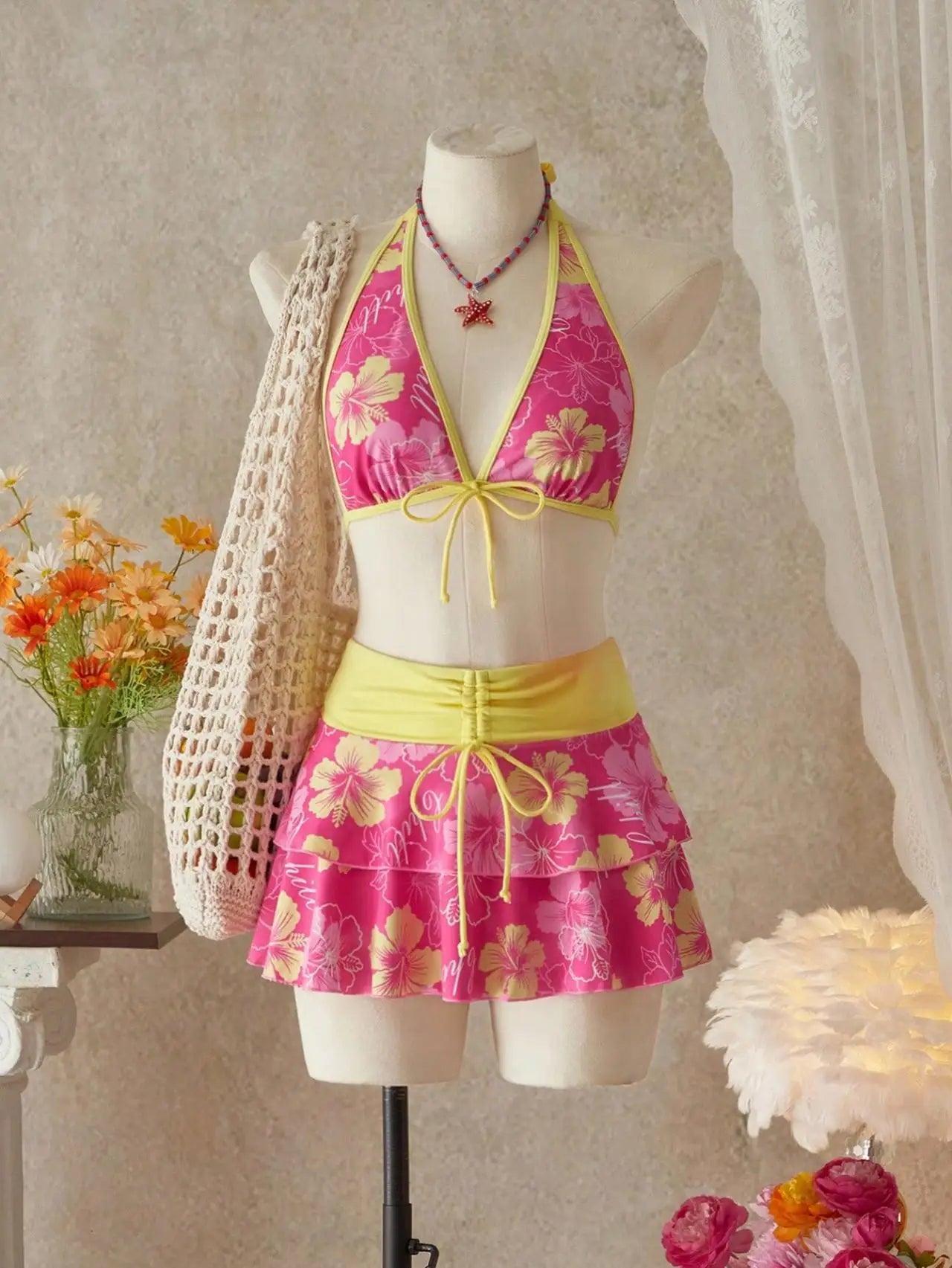 Vintage Pink Floral Print Contrast Bikini Set 2026 Women Drawstring Side Skirt 3 Piece Swimsuit Holiday Bathing Suit Swimwear
