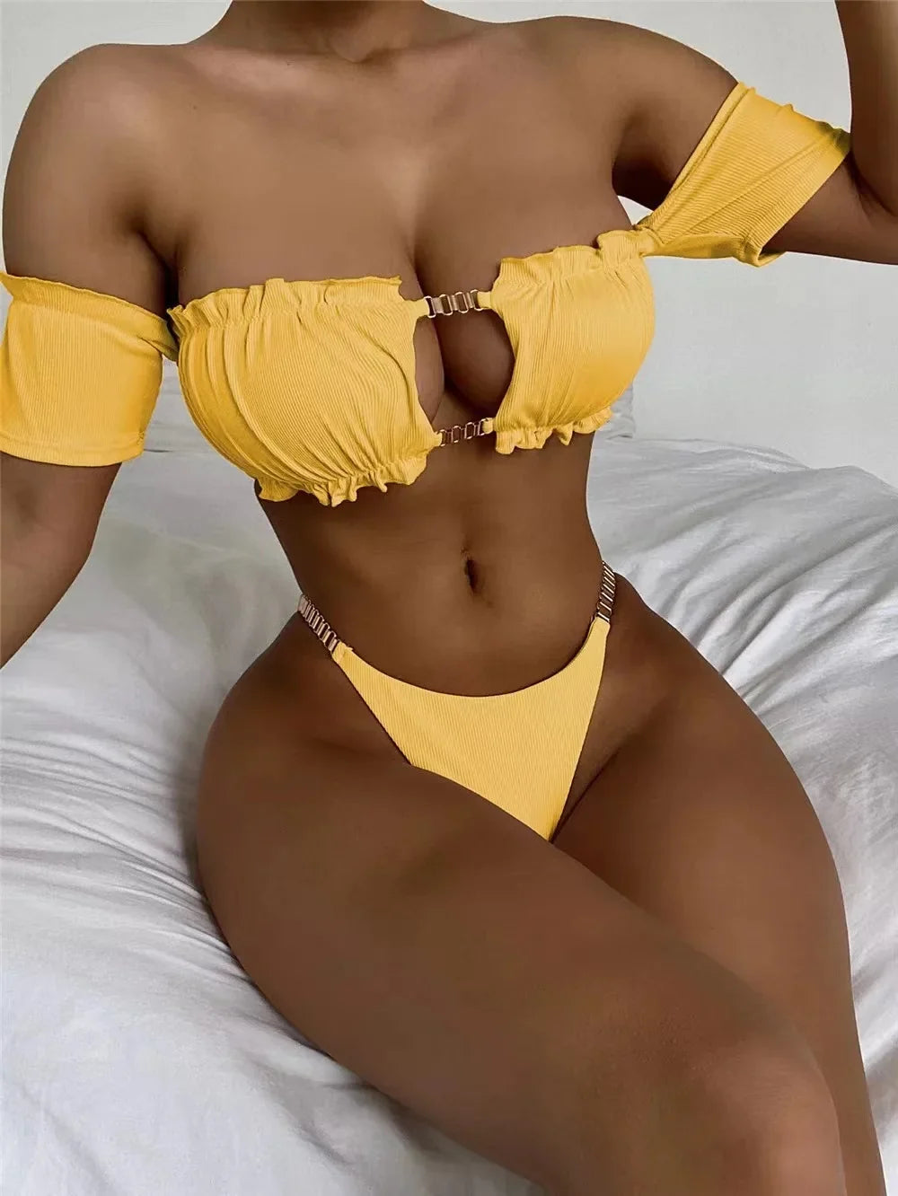Sexy Solid Bikinis 2024 Women Off Shoulder Hollow Out Thong Swimsuit Brazilian Bathing Suit Ruffle Push UP Swimwear Biquini Swim