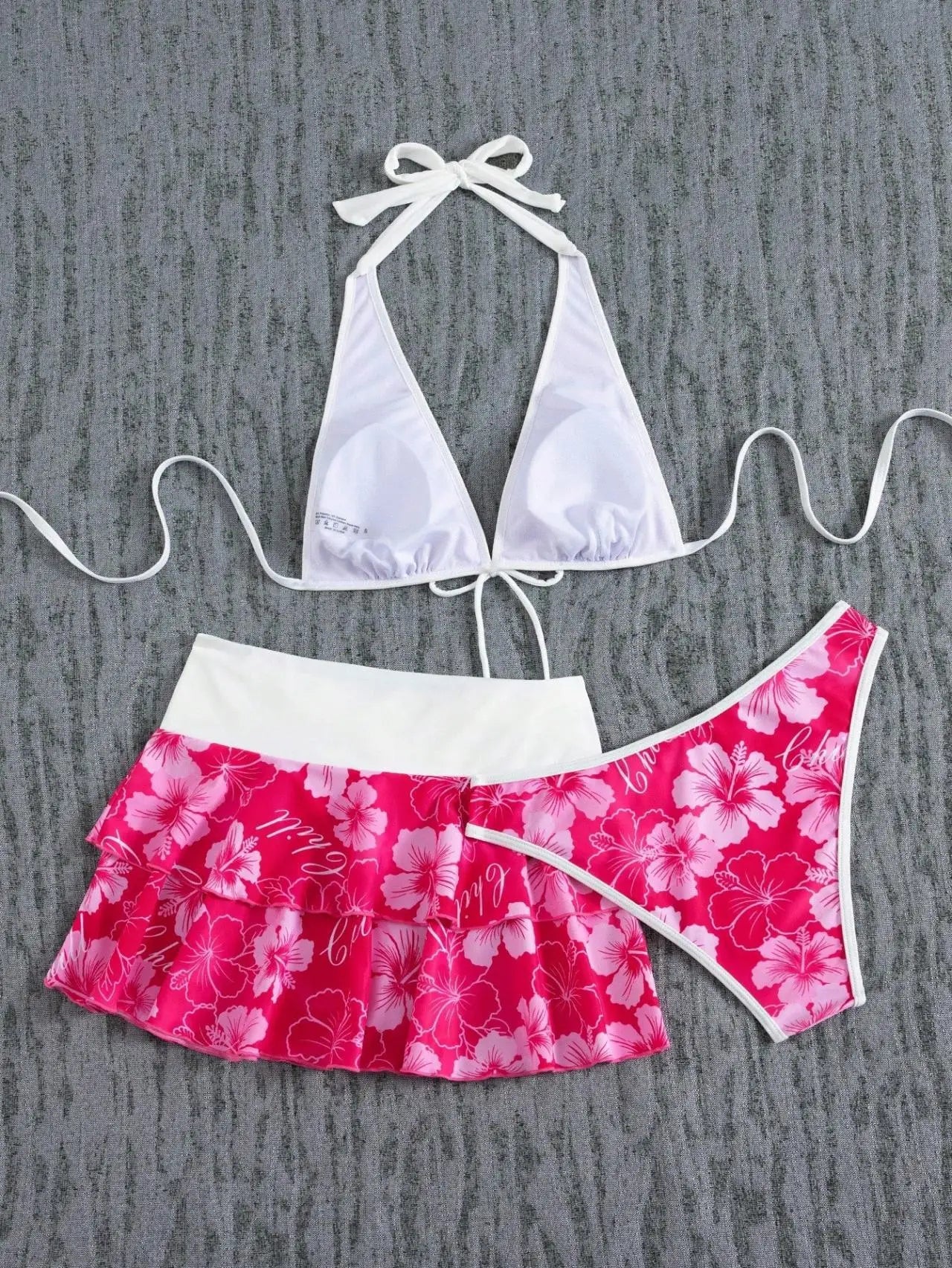 Vintage Pink Floral Print Contrast Bikini Set 2026 Women Drawstring Side Skirt 3 Piece Swimsuit Holiday Bathing Suit Swimwear