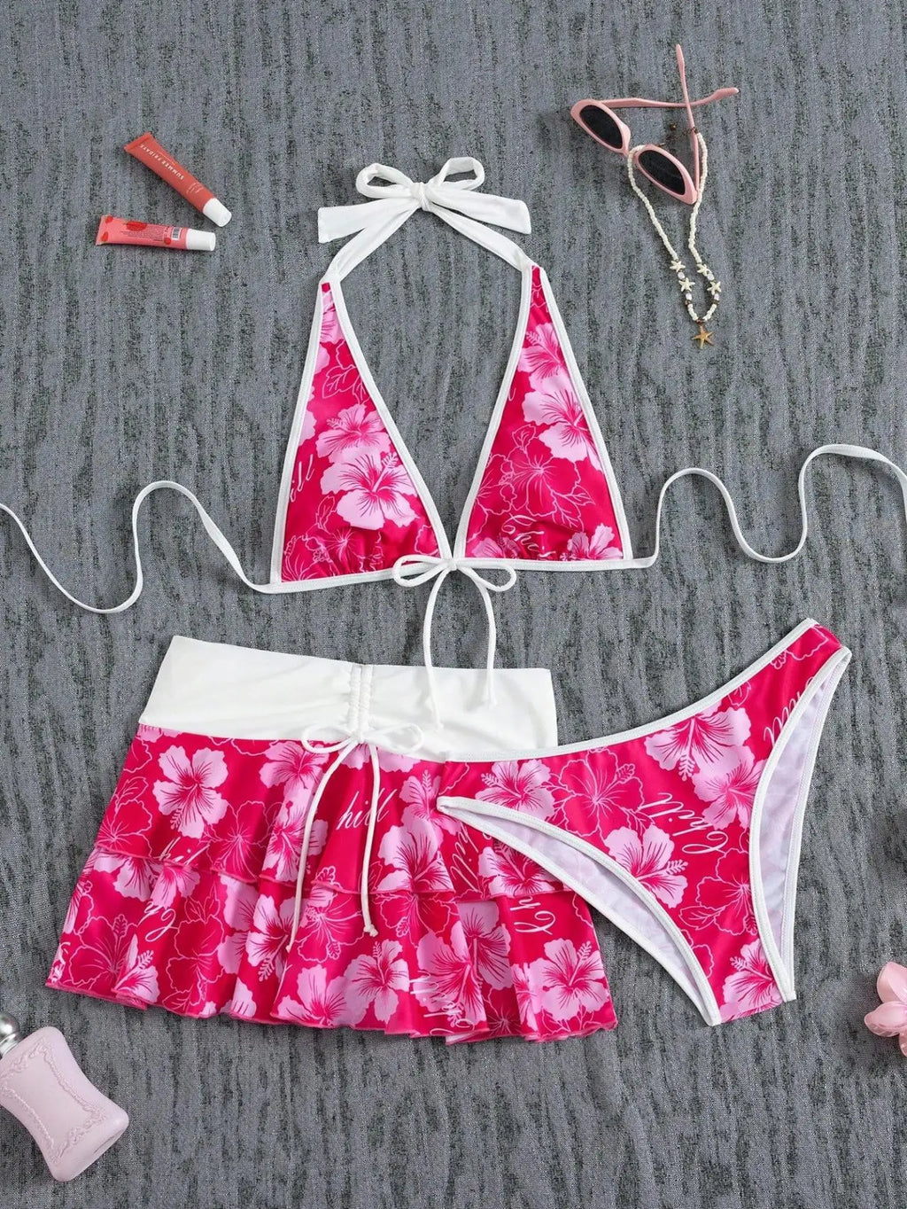 Vintage Pink Floral Print Contrast Bikini Set 2026 Women Drawstring Side Skirt 3 Piece Swimsuit Holiday Bathing Suit Swimwear