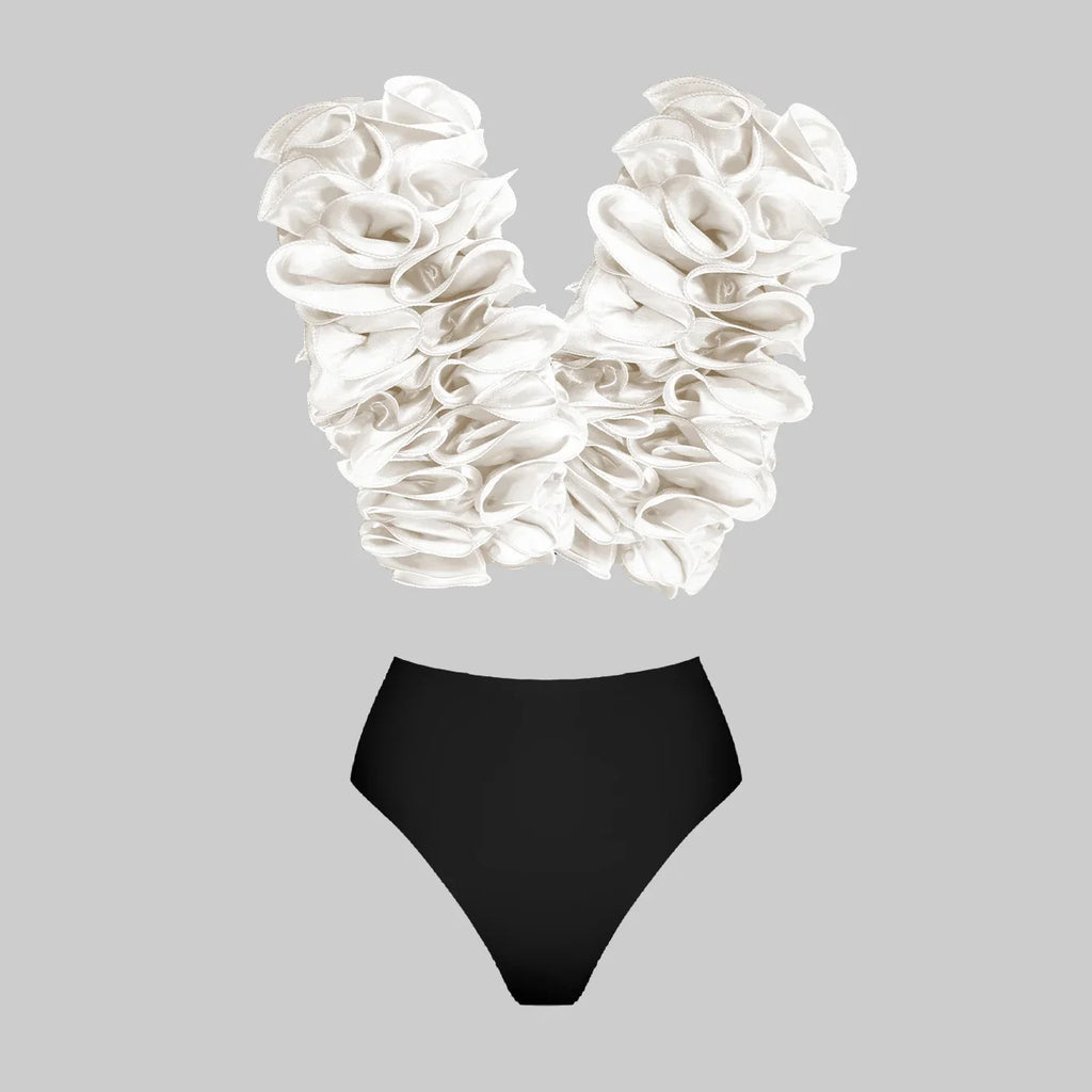 2025 Solid Red Flower Bikini Swimsuit Luxury Women Swimwear Sexy Swim Suit Deep V Monokini Off Shoulder Bodysuit Bathingsuit