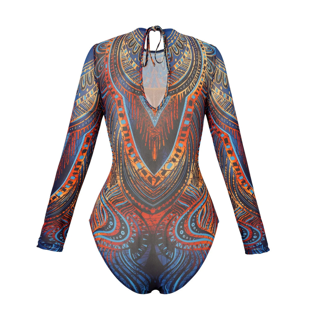 Vintage Blue Ethnic Print One Piece Swimsuit Mesh Long Skirt Set 2026 Women Long Sleeve Slim Fit Swimwear Summer Bathing Suits