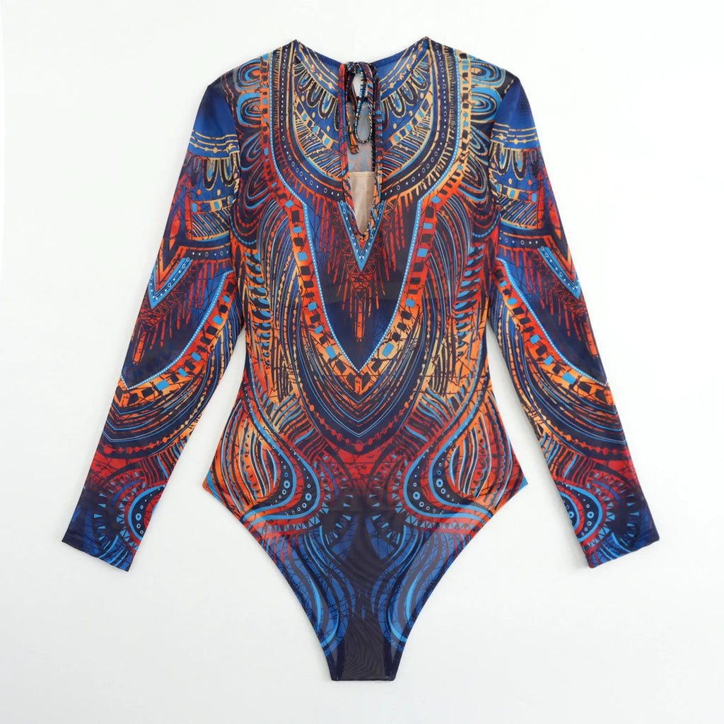 Vintage Blue Ethnic Print One Piece Swimsuit Mesh Long Skirt Set 2026 Women Long Sleeve Slim Fit Swimwear Summer Bathing Suits