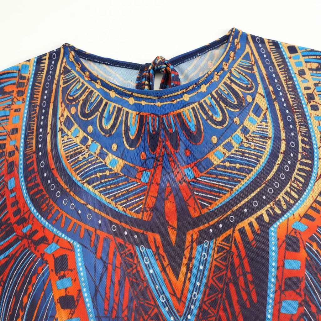 Vintage Blue Ethnic Print One Piece Swimsuit Mesh Long Skirt Set 2026 Women Long Sleeve Slim Fit Swimwear Summer Bathing Suits
