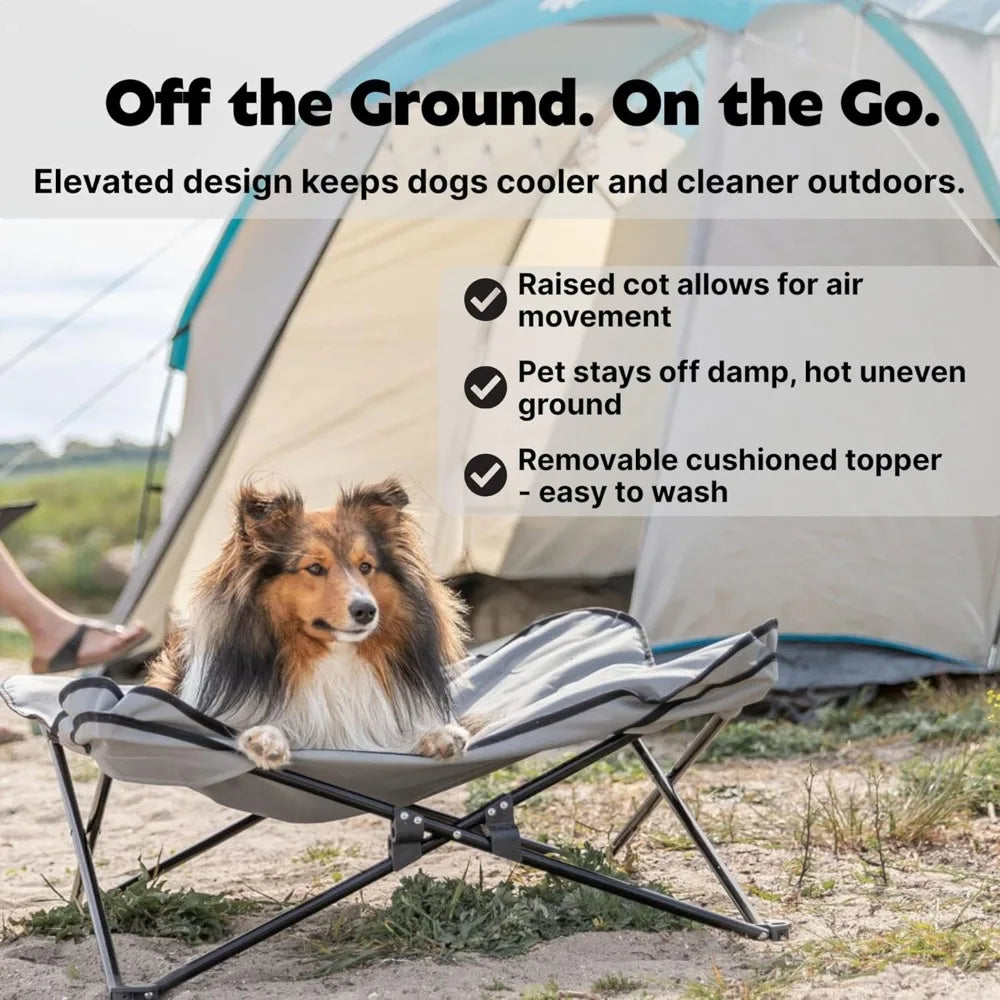 Spring Dog Camping Accessories | Camping Cot for Medium Dog, Elevated Pet Travel Bed 34.6" x 34.6" | Foldable Elevated Puppy Bed