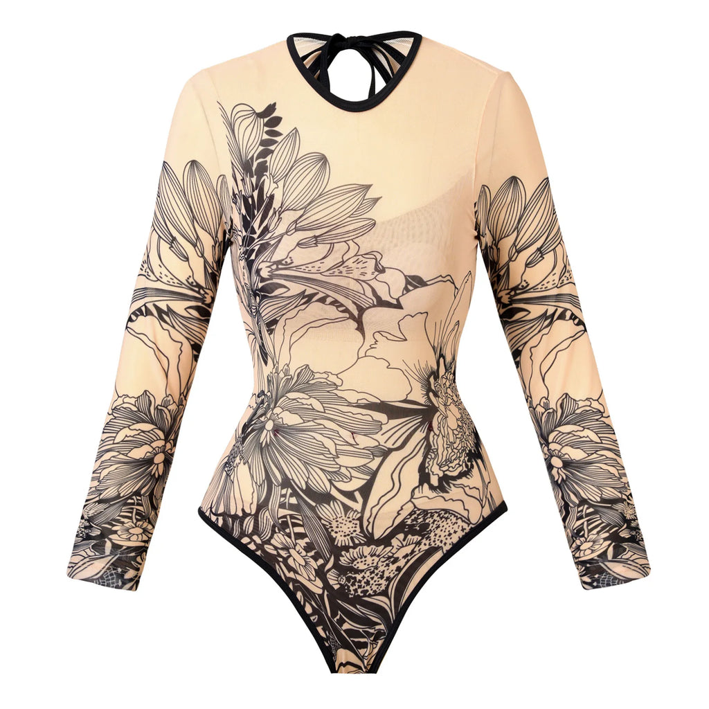 Vintage Blue Ethnic Print One Piece Swimsuit Mesh Long Skirt Set 2026 Women Long Sleeve Slim Fit Swimwear Summer Bathing Suits
