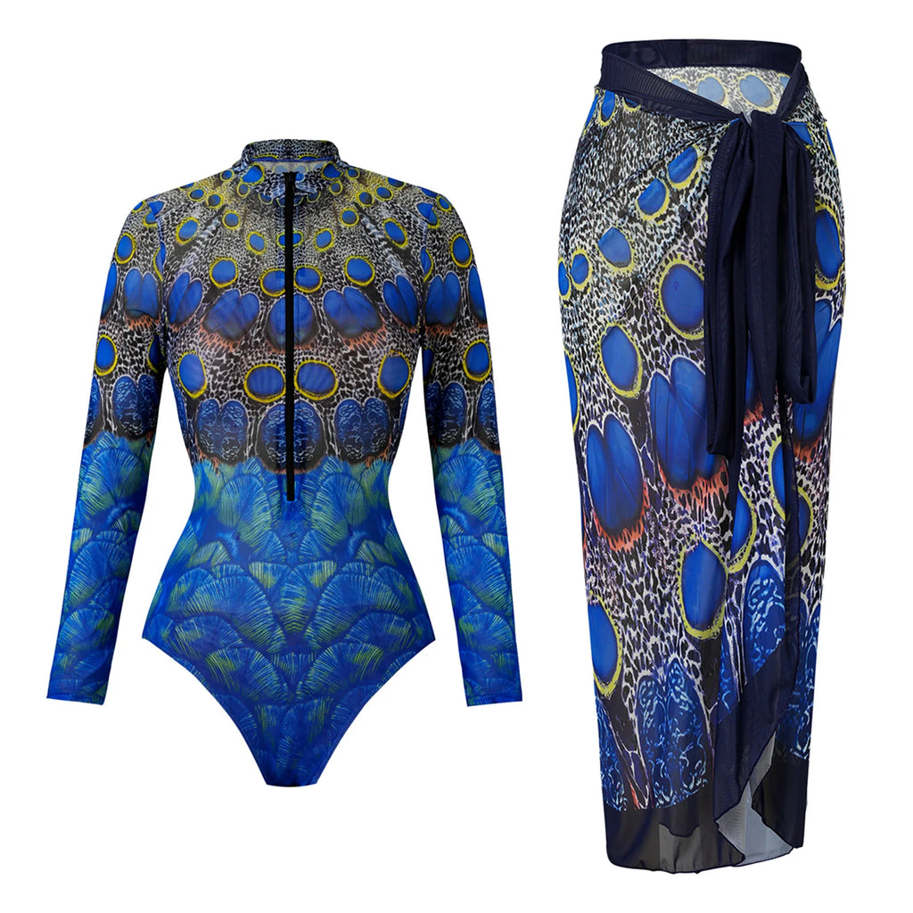 Vintage Blue Ethnic Print One Piece Swimsuit Mesh Long Skirt Set 2026 Women Long Sleeve Slim Fit Swimwear Summer Bathing Suits