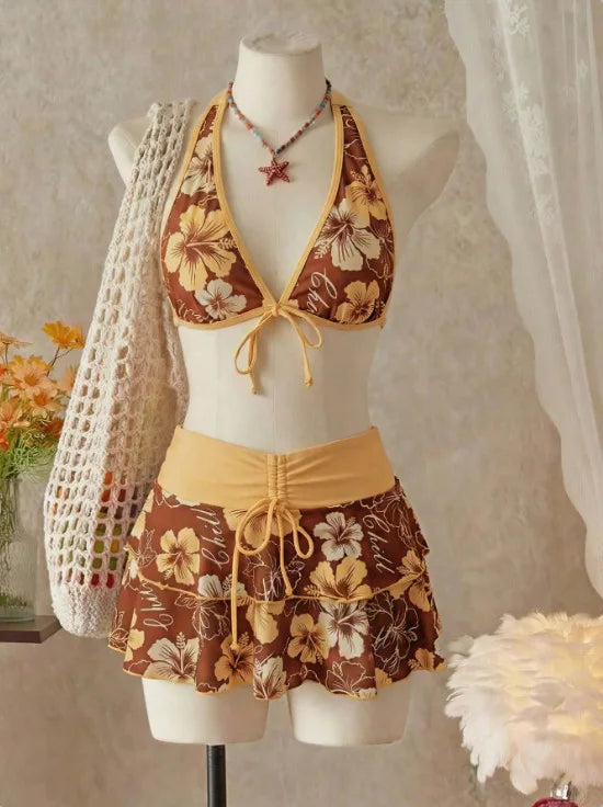 Vintage Pink Floral Print Contrast Bikini Set 2026 Women Drawstring Side Skirt 3 Piece Swimsuit Holiday Bathing Suit Swimwear
