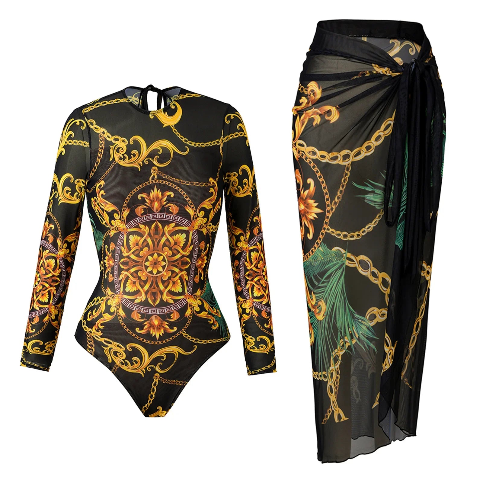 Vintage Blue Ethnic Print One Piece Swimsuit Mesh Long Skirt Set 2026 Women Long Sleeve Slim Fit Swimwear Summer Bathing Suits