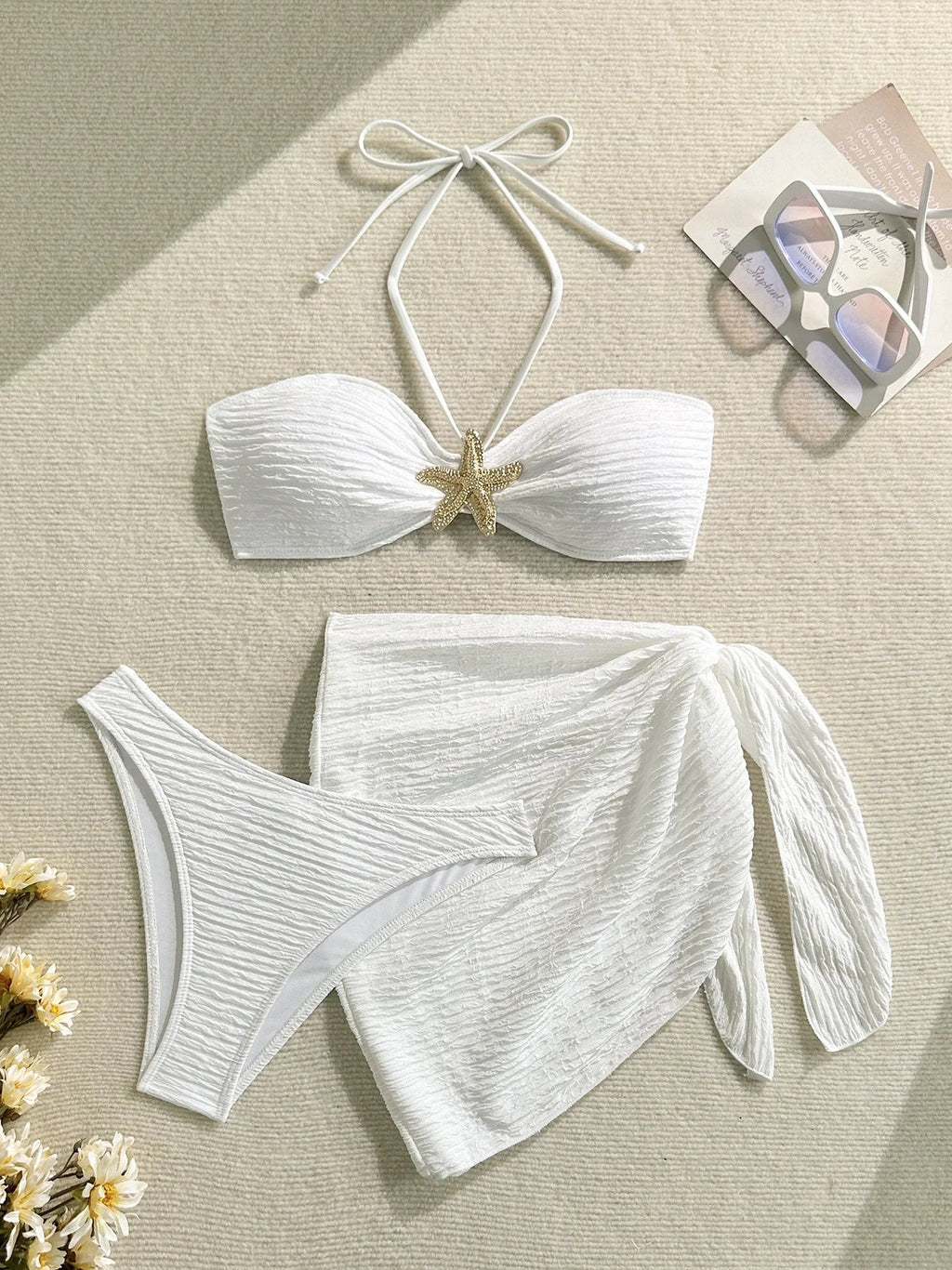 Sexy Metal Starfish Bikinis Set Women Brown Bandeau Push Up Mesh Skirt 3 Piece Swimsuit 2025 Beach Bathing Suit Holiday Swimwear