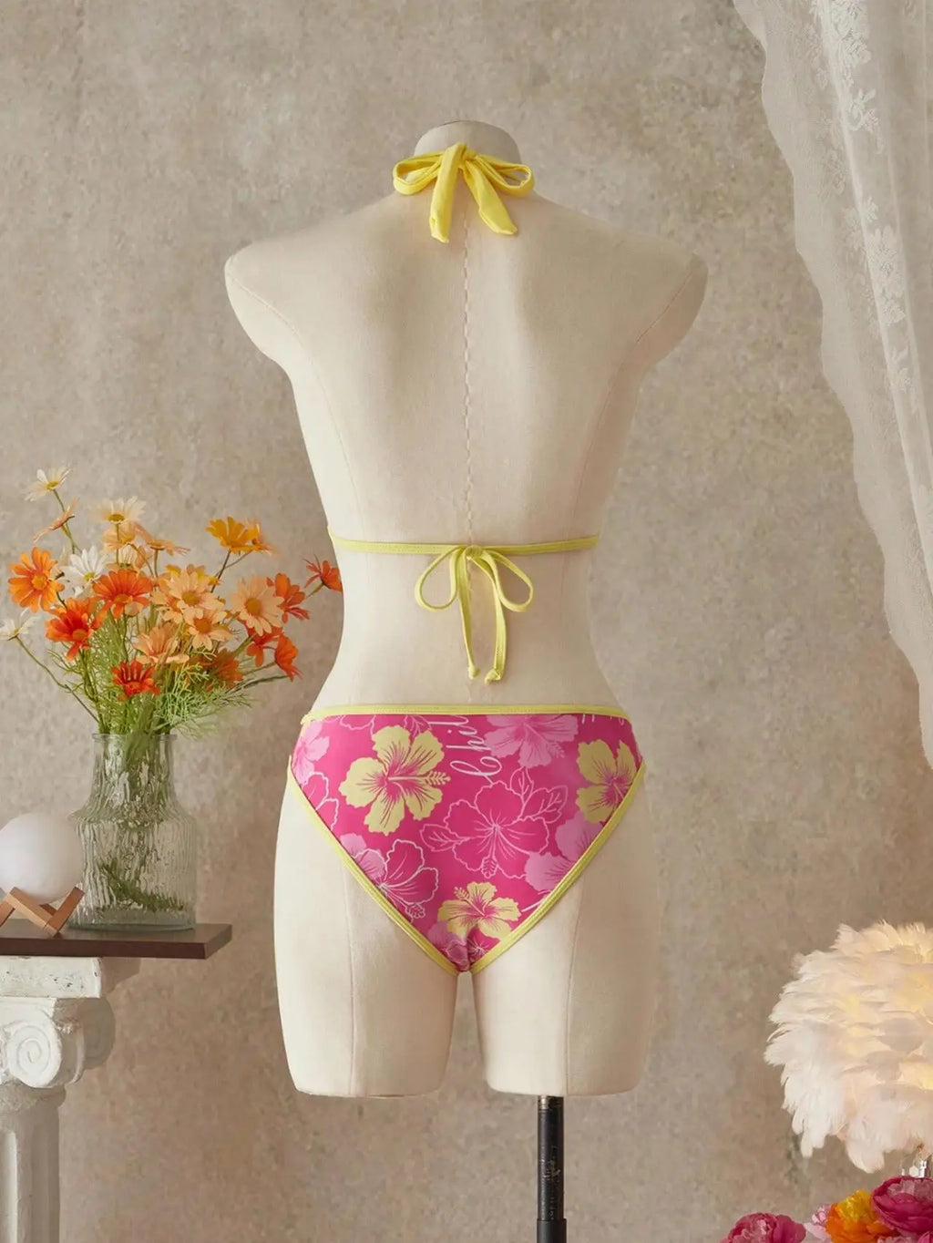 Vintage Pink Floral Print Contrast Bikini Set 2026 Women Drawstring Side Skirt 3 Piece Swimsuit Holiday Bathing Suit Swimwear