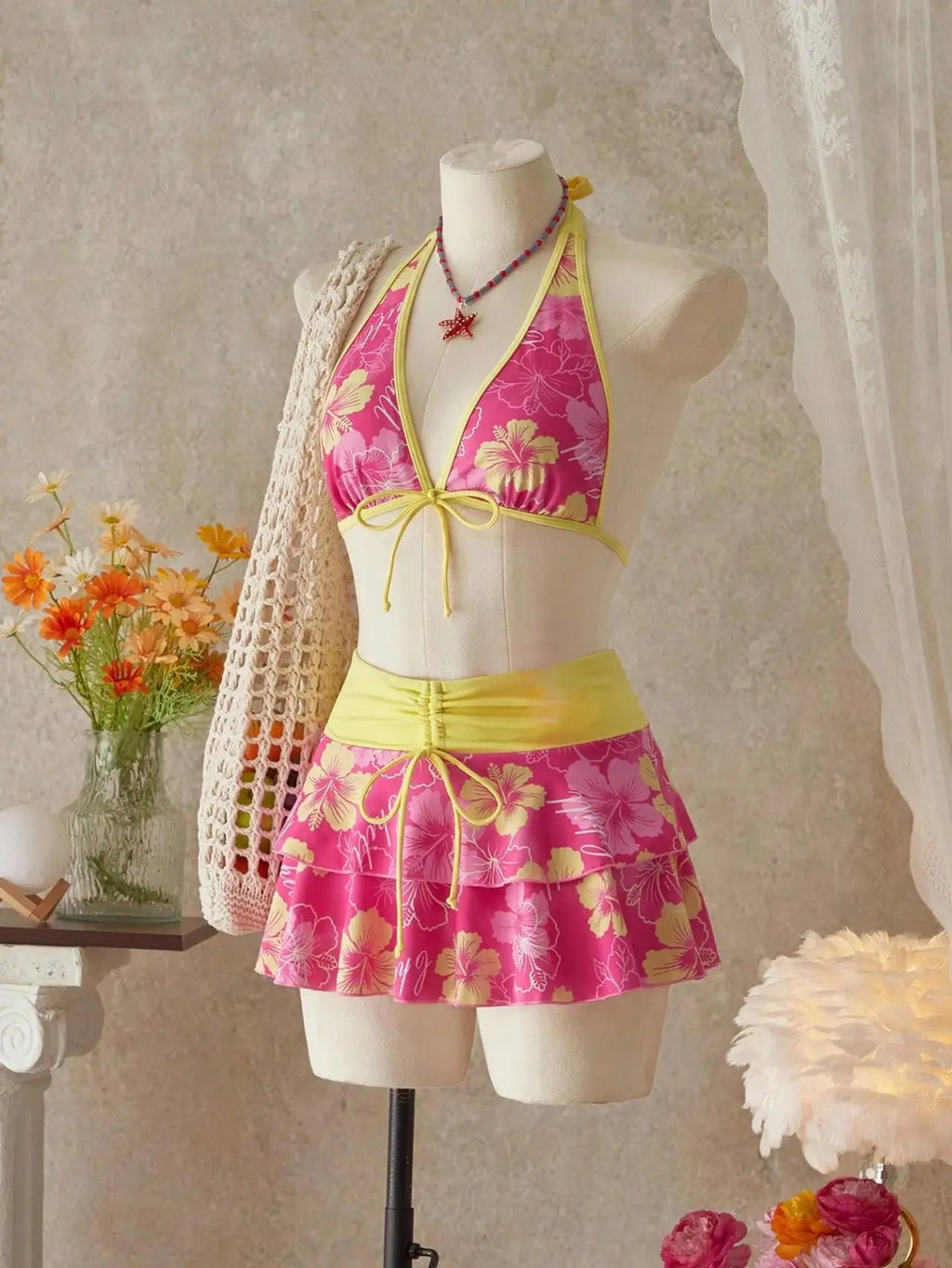 Vintage Pink Floral Print Contrast Bikini Set 2026 Women Drawstring Side Skirt 3 Piece Swimsuit Holiday Bathing Suit Swimwear