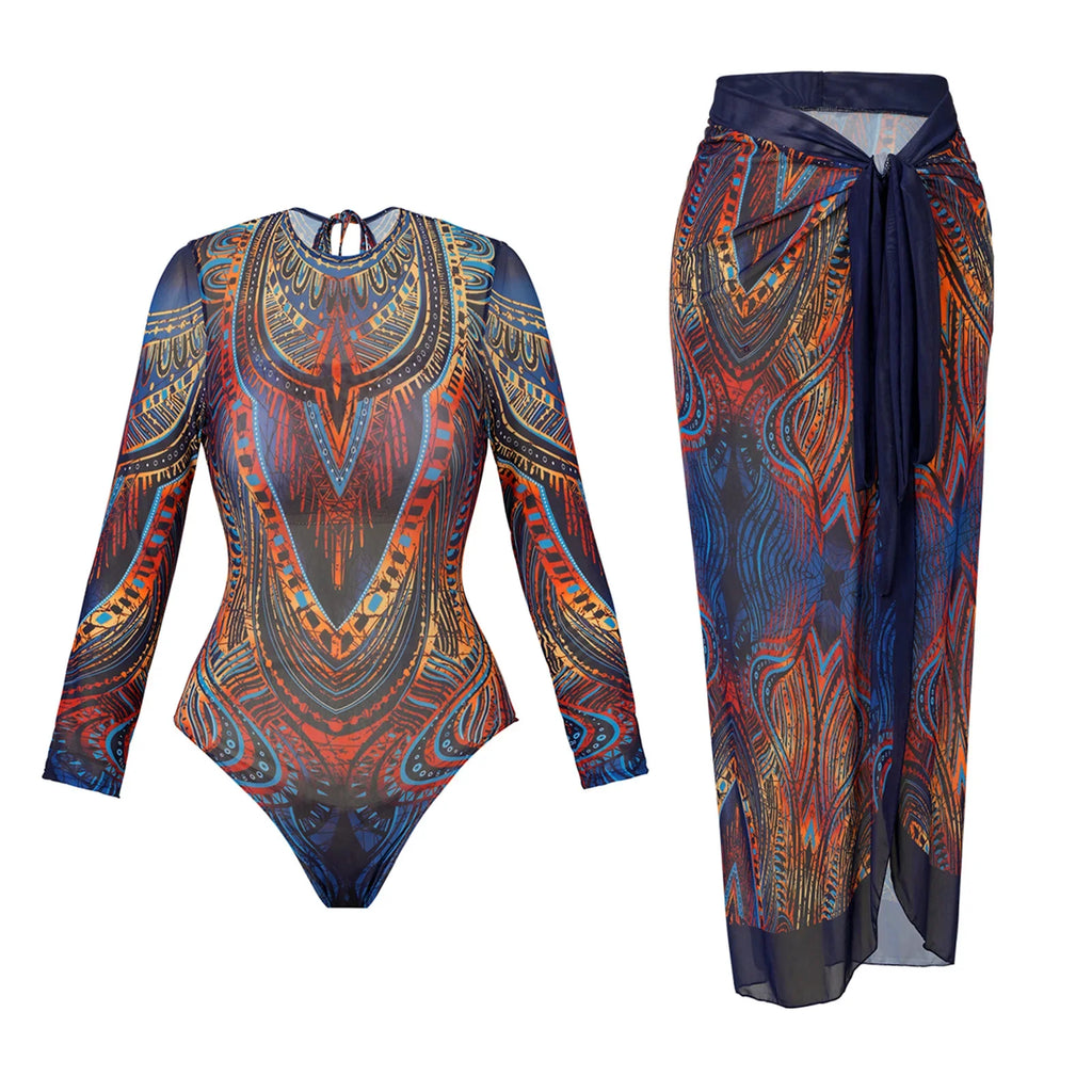 Vintage Blue Ethnic Print One Piece Swimsuit Mesh Long Skirt Set 2026 Women Long Sleeve Slim Fit Swimwear Summer Bathing Suits