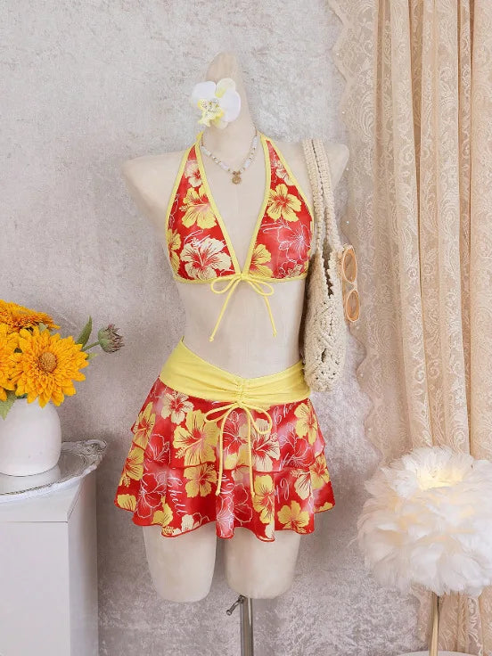 Vintage Pink Floral Print Contrast Bikini Set 2026 Women Drawstring Side Skirt 3 Piece Swimsuit Holiday Bathing Suit Swimwear