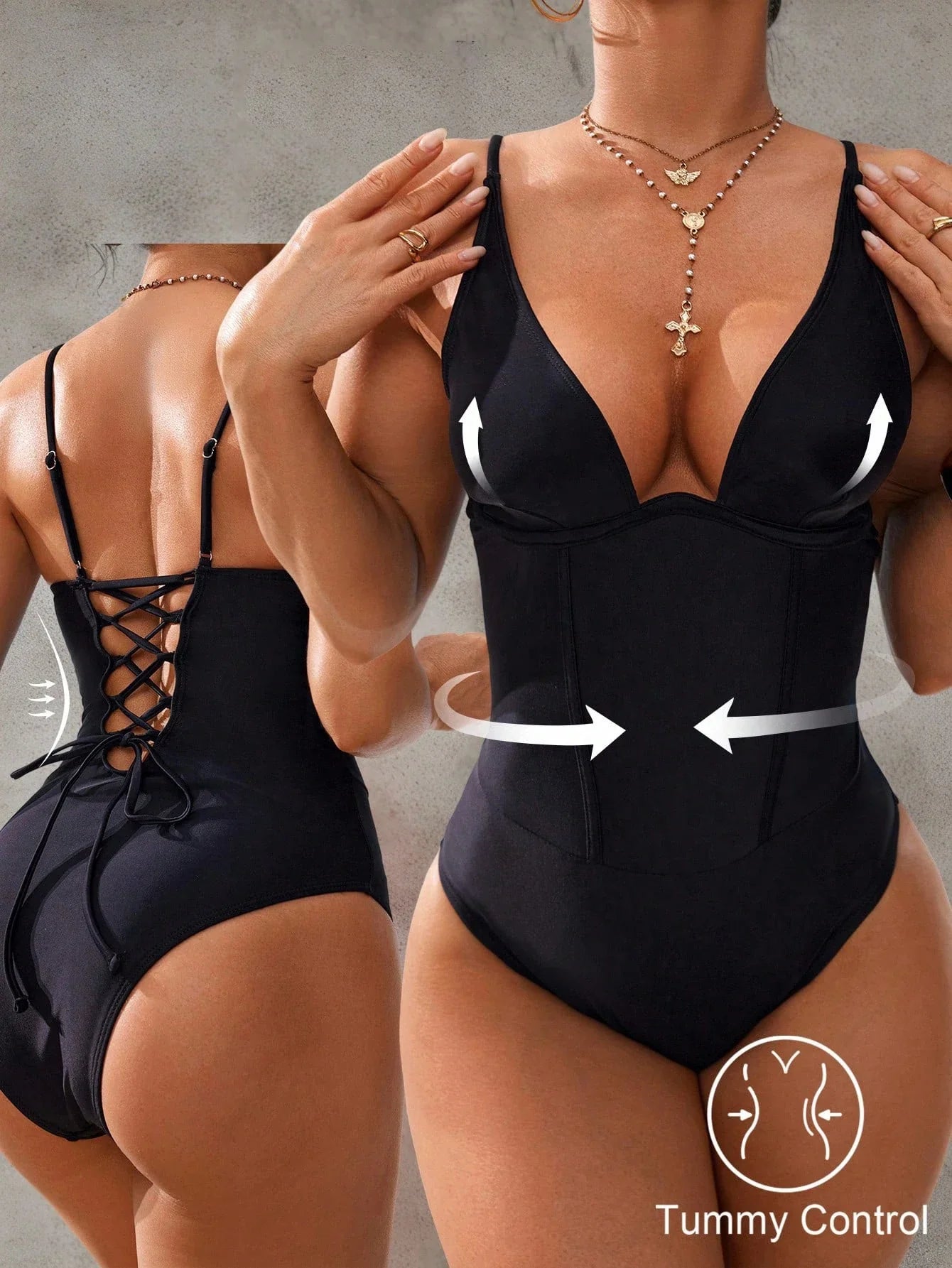 Vintage Red Black One Piece Swimsuit Women V Wire Underwire Slim Tummy Control Swimwear Beach Bandage Cross Back Bathing Suits