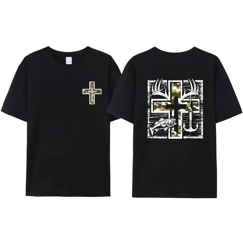 Southern Charm Fishing Shirt – Camo Cross Antlers & Bass Graphic Tee
