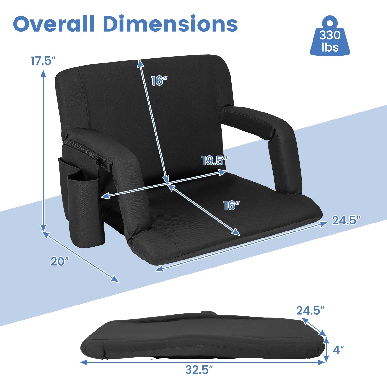Stadium Seat for Bleachers with Back Support 6 Adjustable Positions-Black