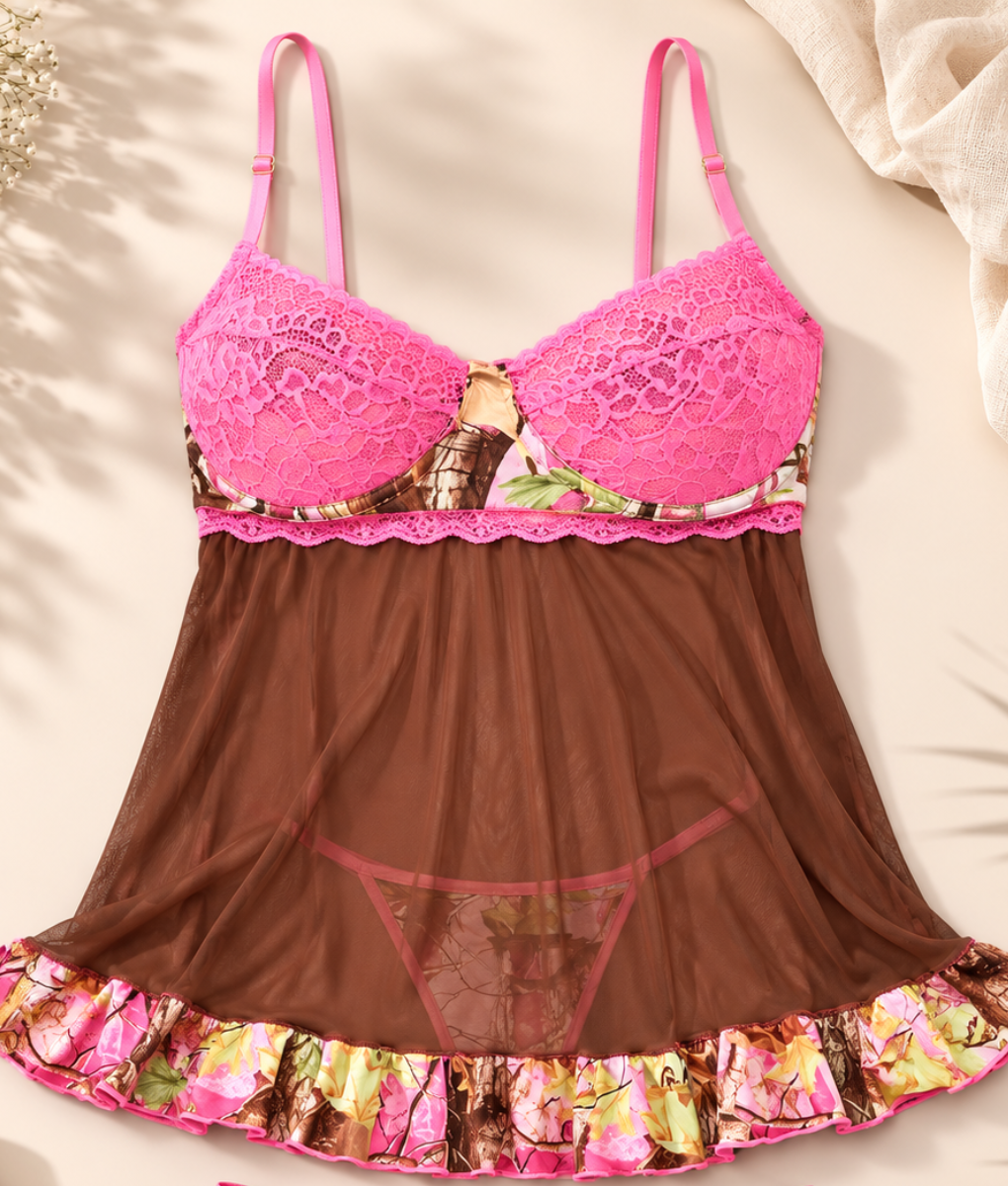 Women's Pink Camo Babydoll Lingerie Set - PinkWoods 2-Piece with Thong - Wilderness Dreams