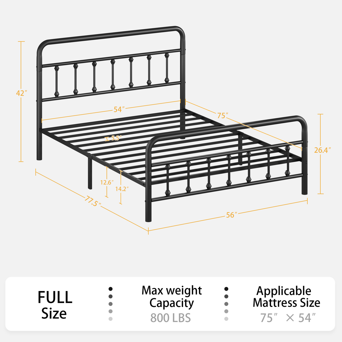 Metal Full Size Bed Frame with Headboard and Under Bed Storage - Black