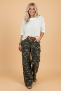 Camo Denim Cargo Pocket Wide Leg Pants