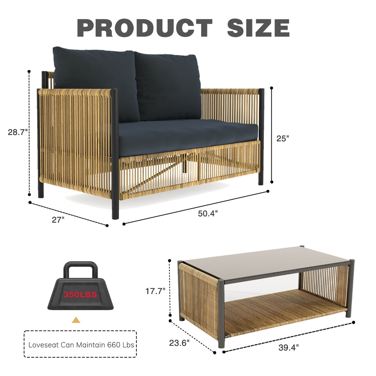 Outdoor PE Wicker 2-Seater Sofa Set with Tempered Glass Table - Grey Cushions