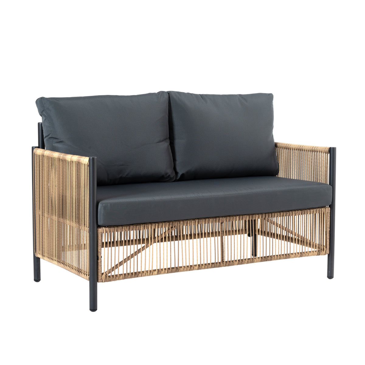 Outdoor PE Wicker 2-Seater Sofa Set with Tempered Glass Table - Grey Cushions