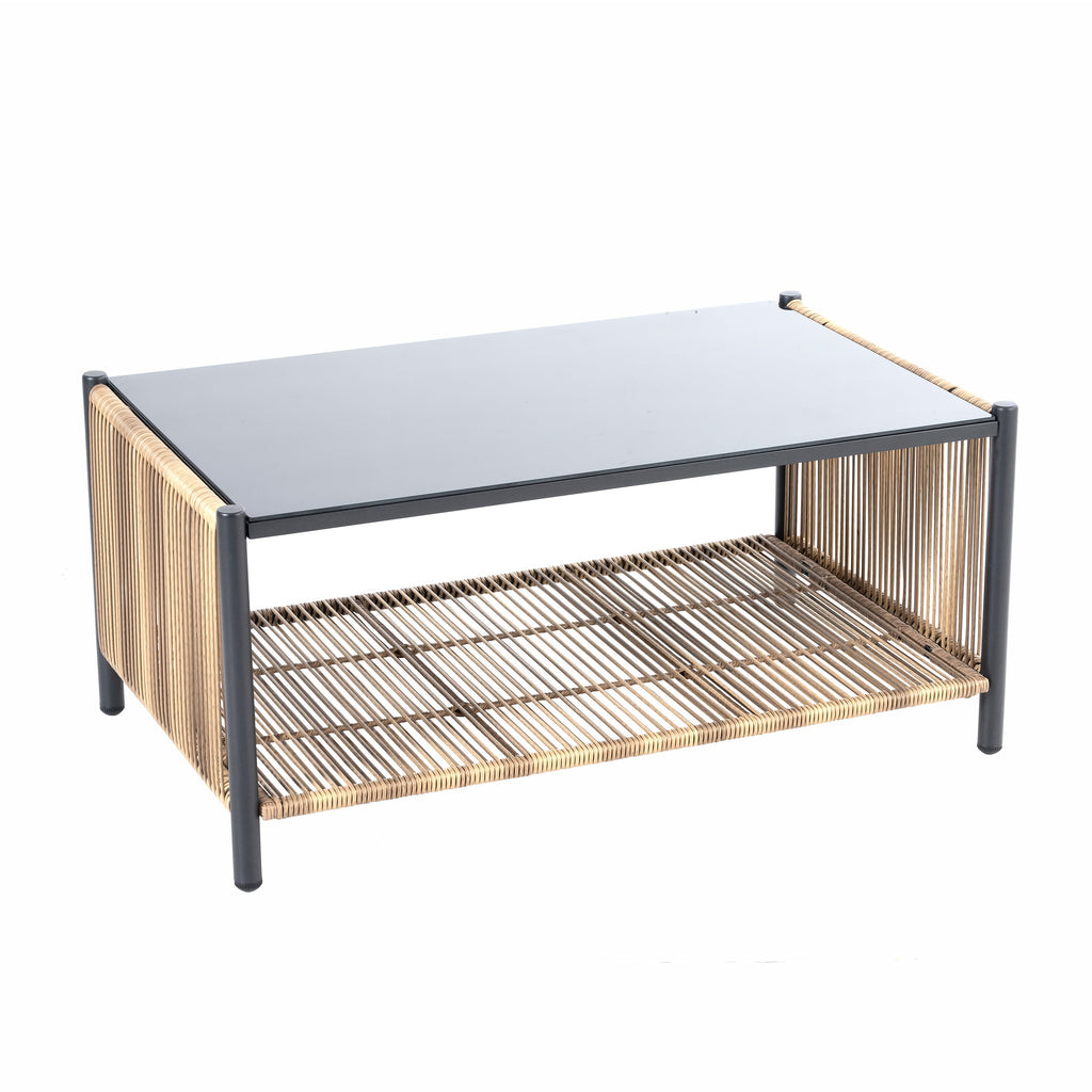 Outdoor PE Wicker 2-Seater Sofa Set with Tempered Glass Table - Grey Cushions