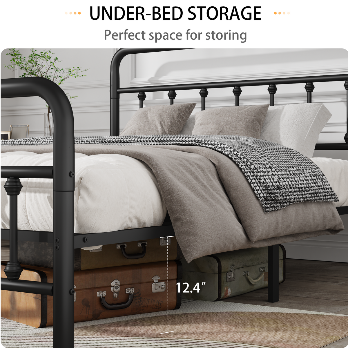Metal Full Size Bed Frame with Headboard and Under Bed Storage - Black
