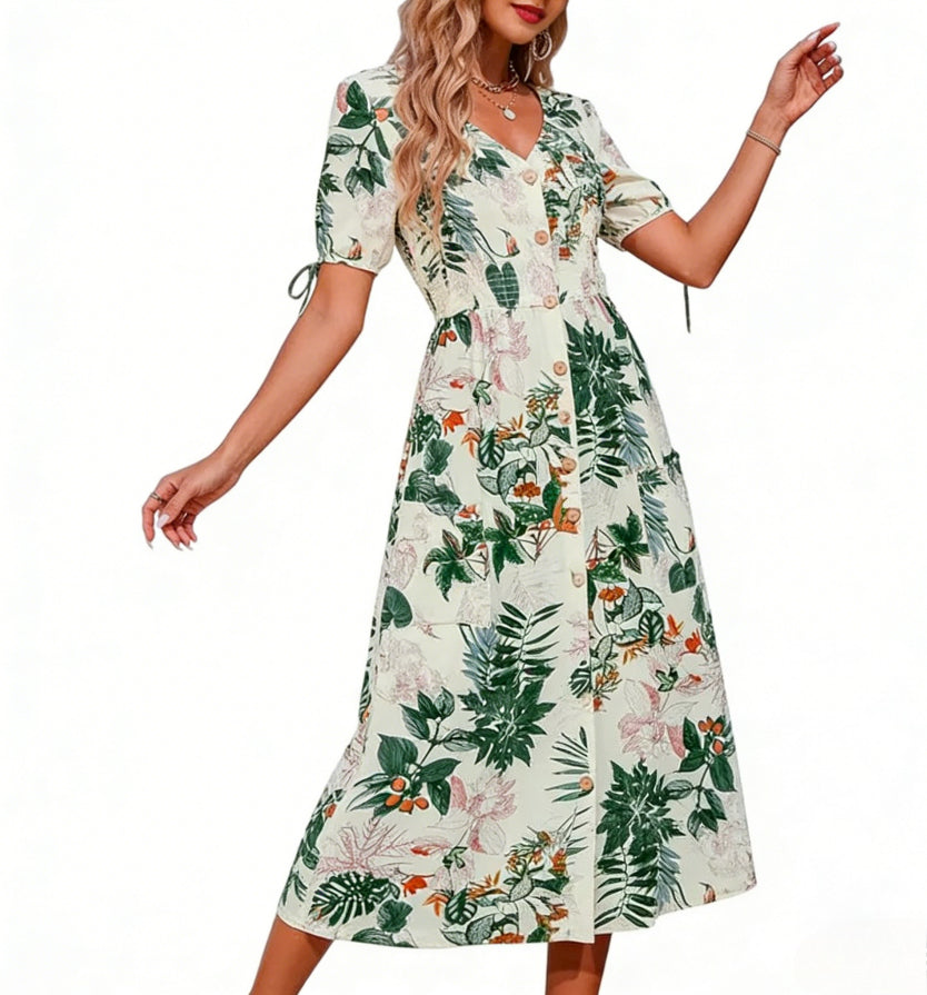 Women's Summer Short Sleeve Solid V-Neck A-Line Dress – Commuter Office Midi