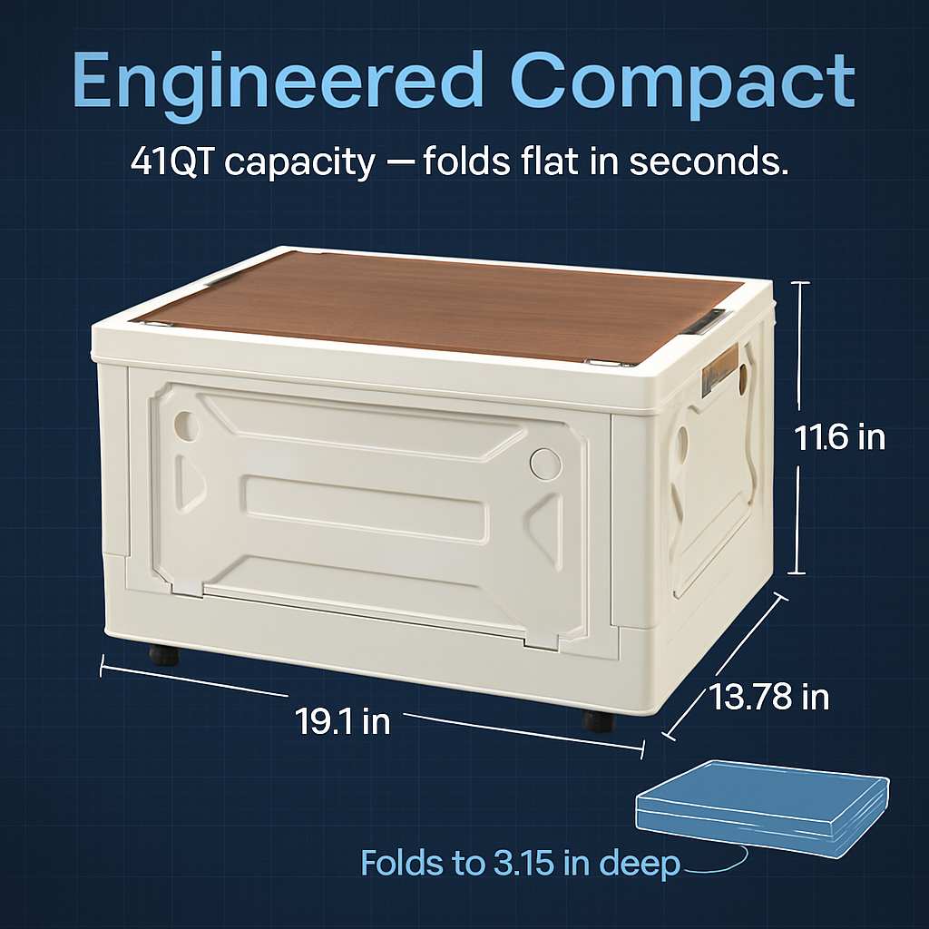 Folding Storage Bin Camping Collapsible Organizer Box Stackable Grocery Container Shelf Baskets with Cutting Board Top Lid 4 Side Lockable Doors Wheel