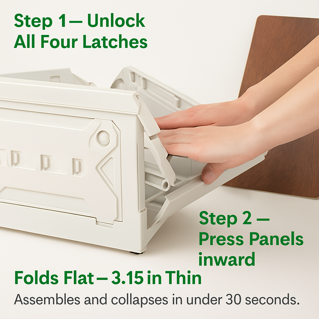 Folding Storage Bin Camping Collapsible Organizer Box Stackable Grocery Container Shelf Baskets with Cutting Board Top Lid 4 Side Lockable Doors Wheel