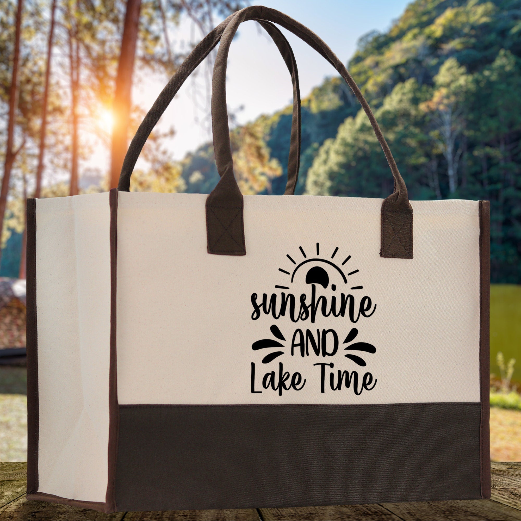Sunshine and Lake Time Cotton Canvas Chic Tote Bag Camping Tote Lake Lover Gift Tote Bag Outdoor Tote Weekender Tote Laker Tote