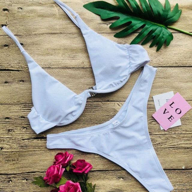 Underwired Bikini Female Swimsuit Women Swimwear Two-Piece V Shape Wire Bikini Set Bather Bathing Suit Women Micro Bikini Set Shiny Metallic 2 Piece Swimsuit Push Up Underwire Swimwear Bathing Suit