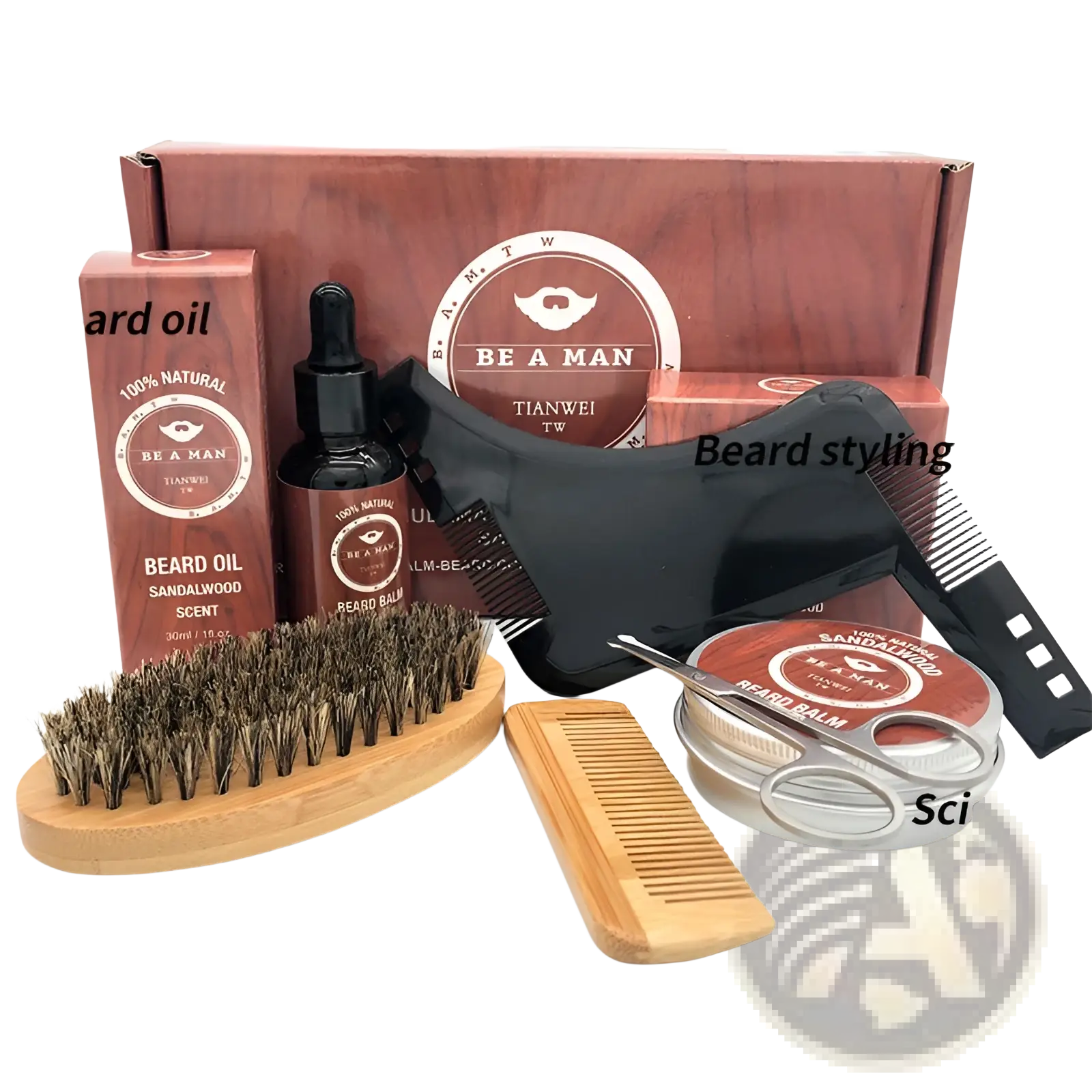 Sandalwood Beard Care Kit with Oil and Grooming Tools